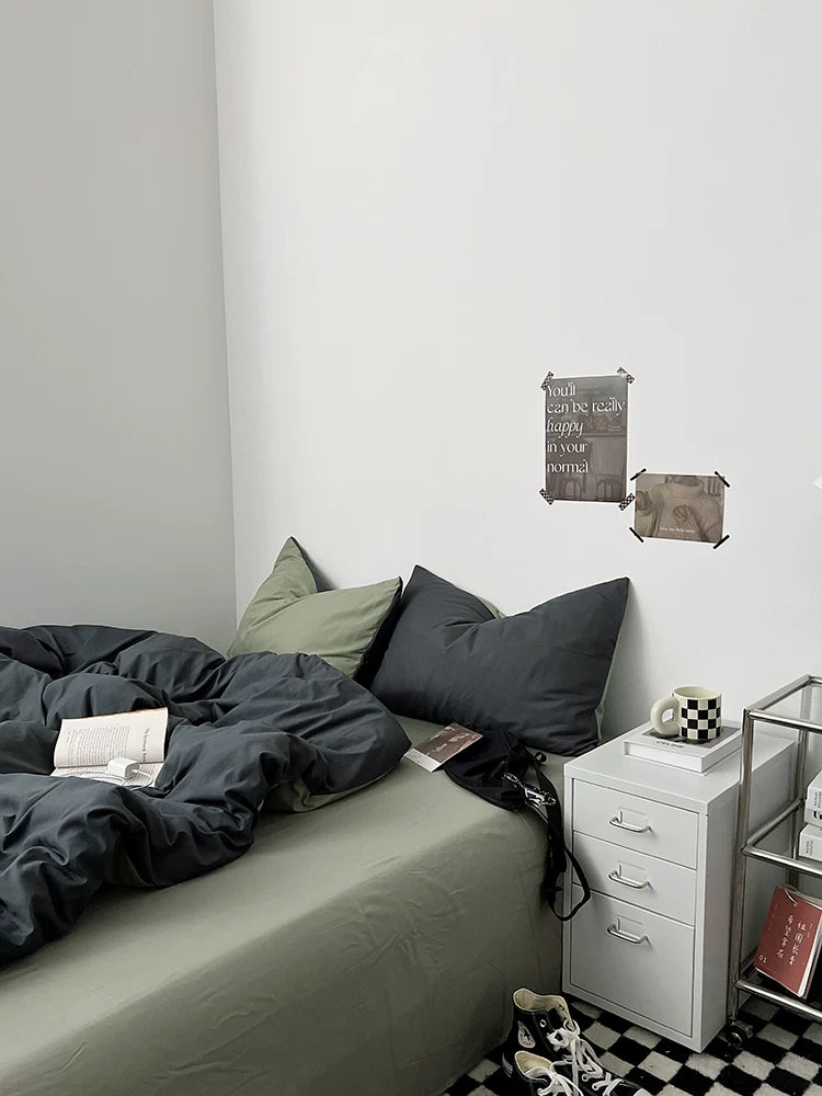 Washed Cotton Color-Block Bedding Set - Charcoal + Matcha