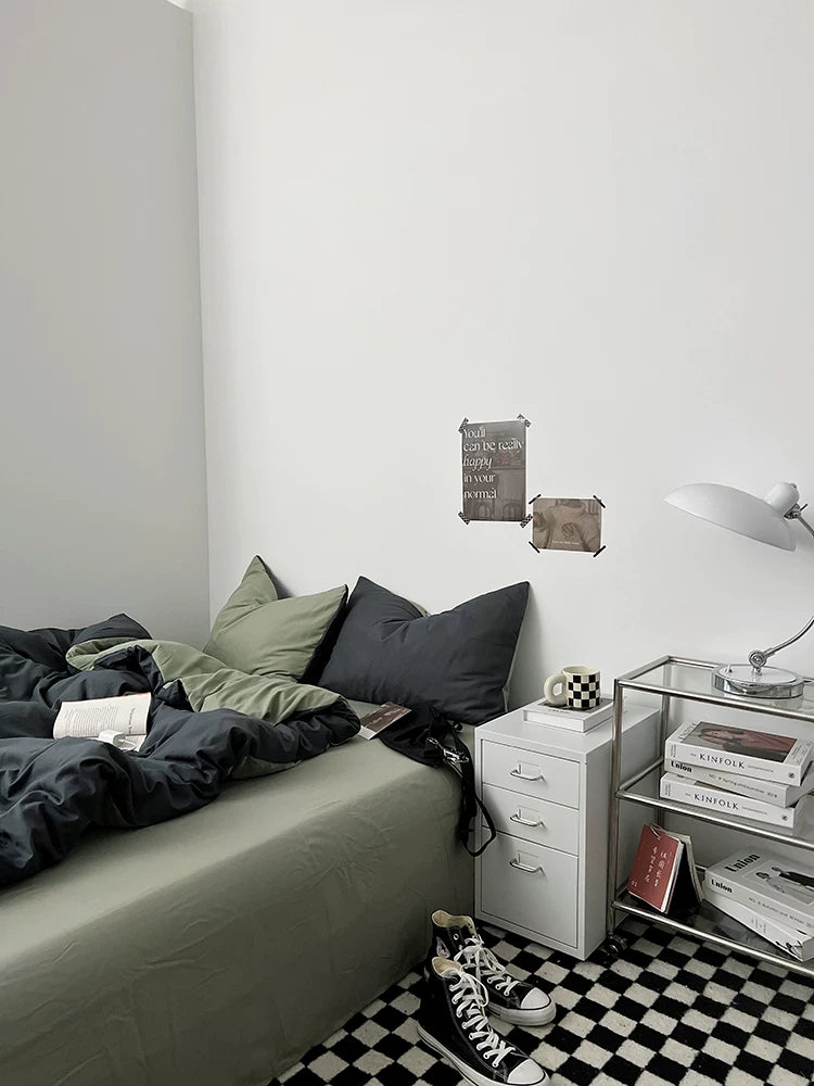Washed Cotton Color-Block Bedding Set - Charcoal + Matcha