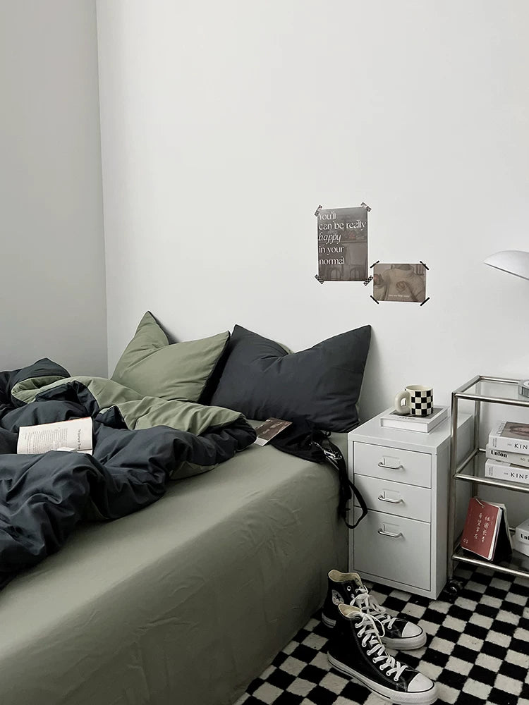 Washed Cotton Color-Block Bedding Set - Charcoal + Matcha