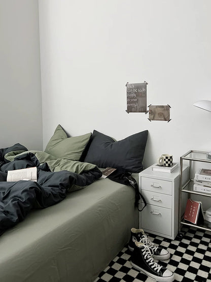 Washed Cotton Color-Block Bedding Set - Charcoal + Matcha