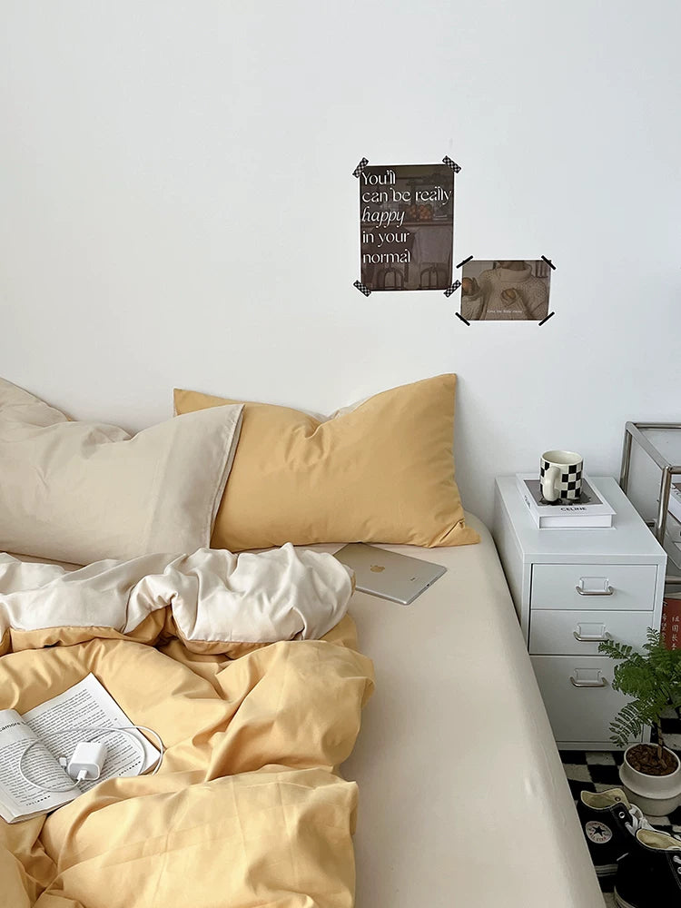 Washed Cotton Color-Block Bedding Set - Butter + Camel