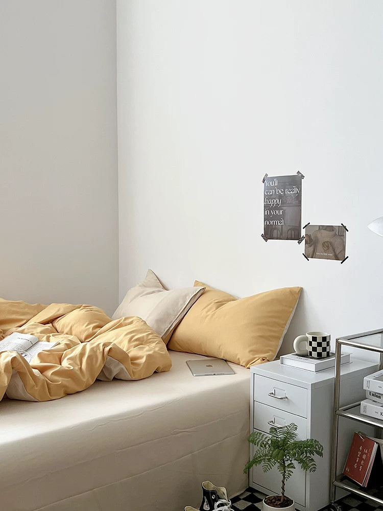 Washed Cotton Color-Block Bedding Set - Butter + Camel