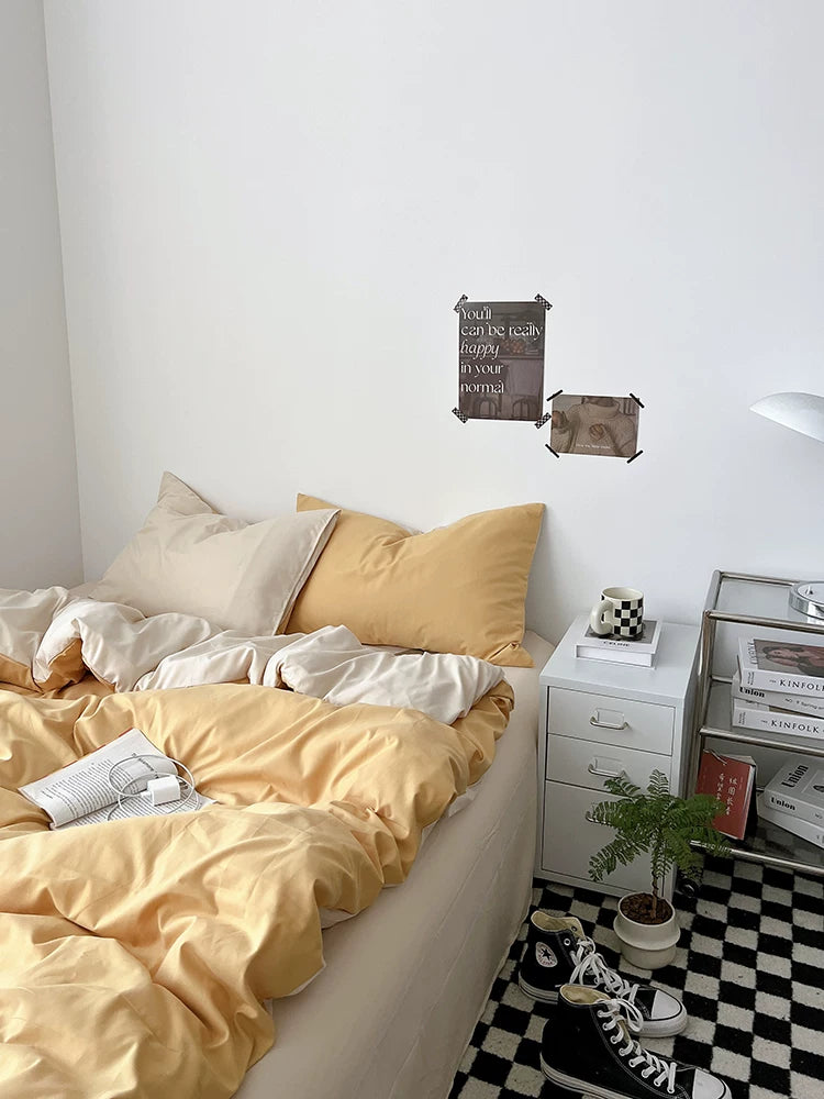Washed Cotton Color-Block Bedding Set - Butter + Camel