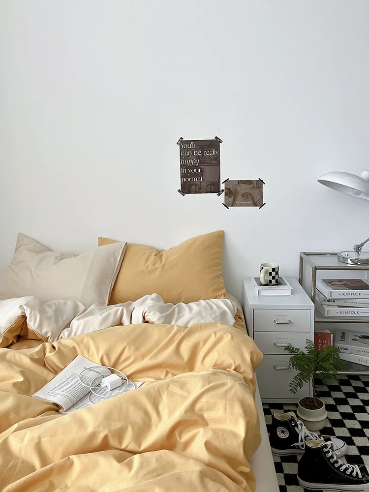 Washed Cotton Color-Block Bedding Set - Butter + Camel