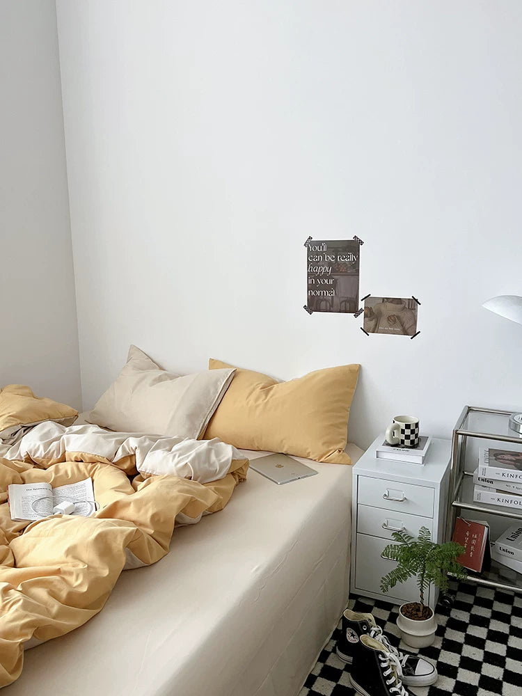 Washed Cotton Color-Block Bedding Set - Butter + Camel
