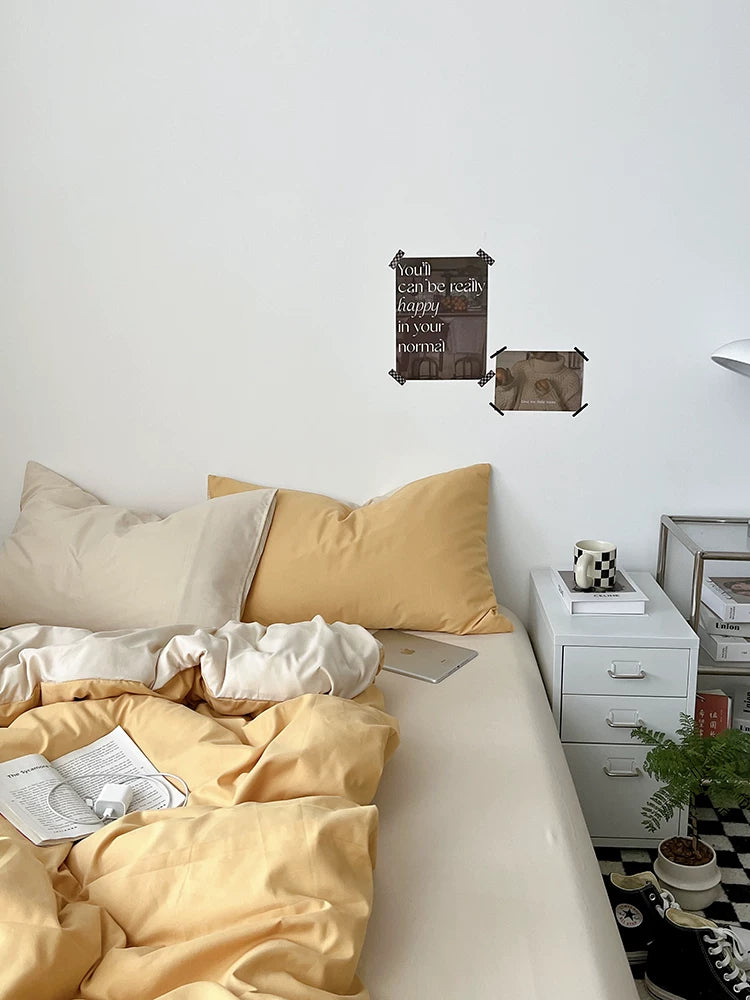 Washed Cotton Color-Block Bedding Set - Butter + Camel