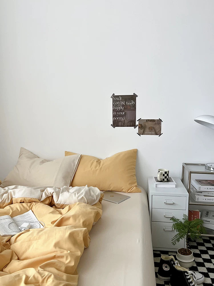 Washed Cotton Color-Block Bedding Set - Butter + Camel