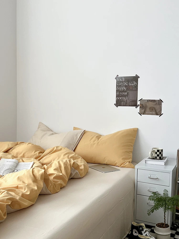 Washed Cotton Color-Block Bedding Set - Butter + Camel