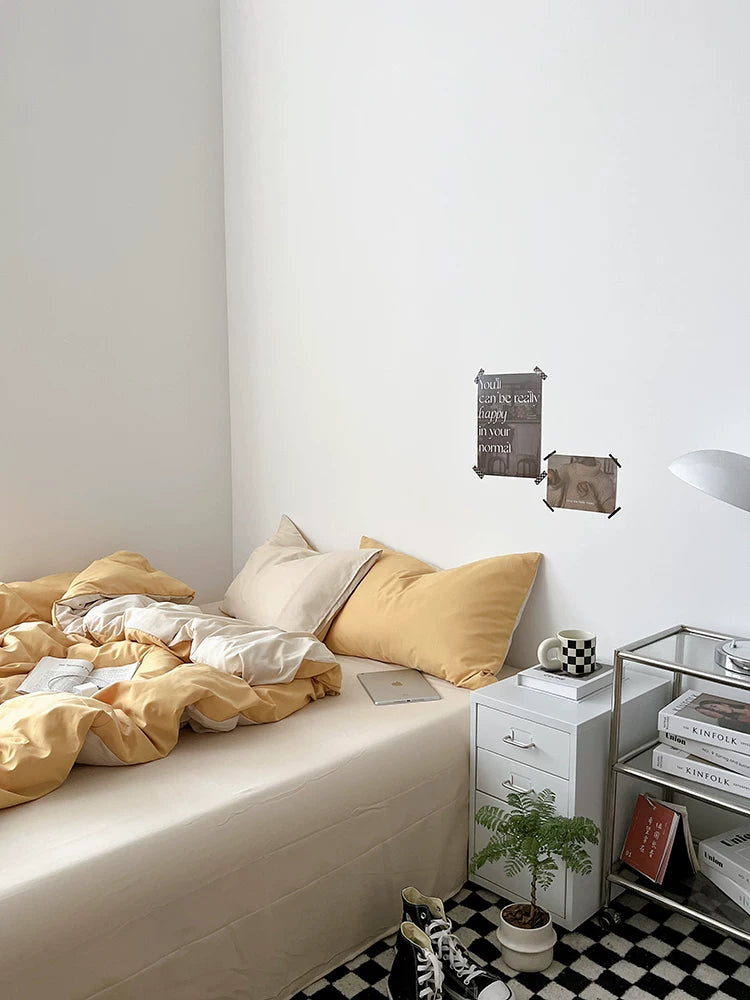 Washed Cotton Color-Block Bedding Set - Butter + Camel