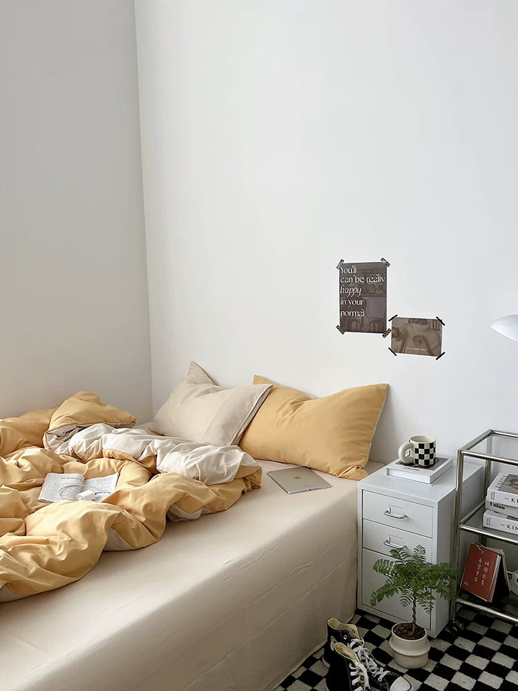 Washed Cotton Color-Block Bedding Set - Butter + Camel