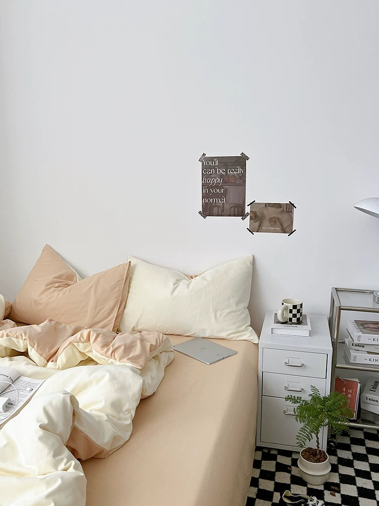 Washed Cotton Color-Block Bedding Set - Cream + Butter