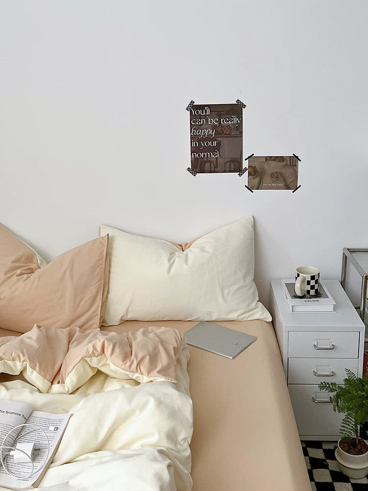 Washed Cotton Color-Block Bedding Set - Cream + Butter
