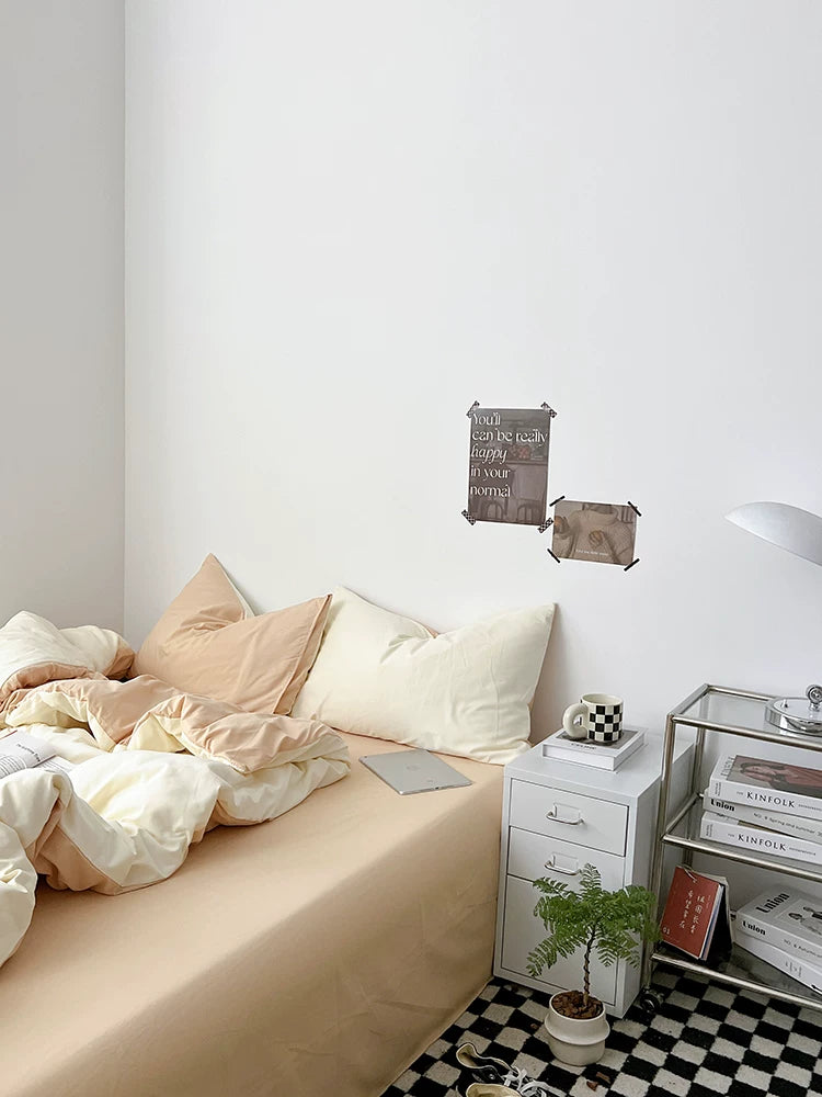 Washed Cotton Color-Block Bedding Set - Cream + Butter