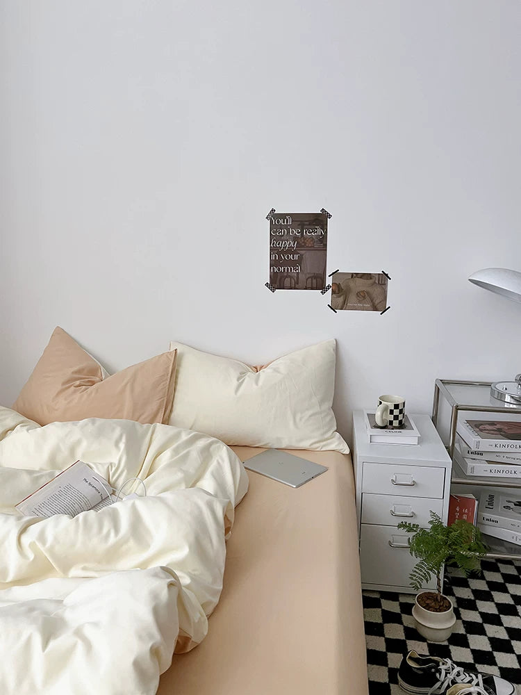 Washed Cotton Color-Block Bedding Set - Cream + Butter