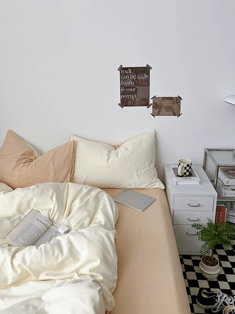 Washed Cotton Color-Block Bedding Set - Cream + Butter