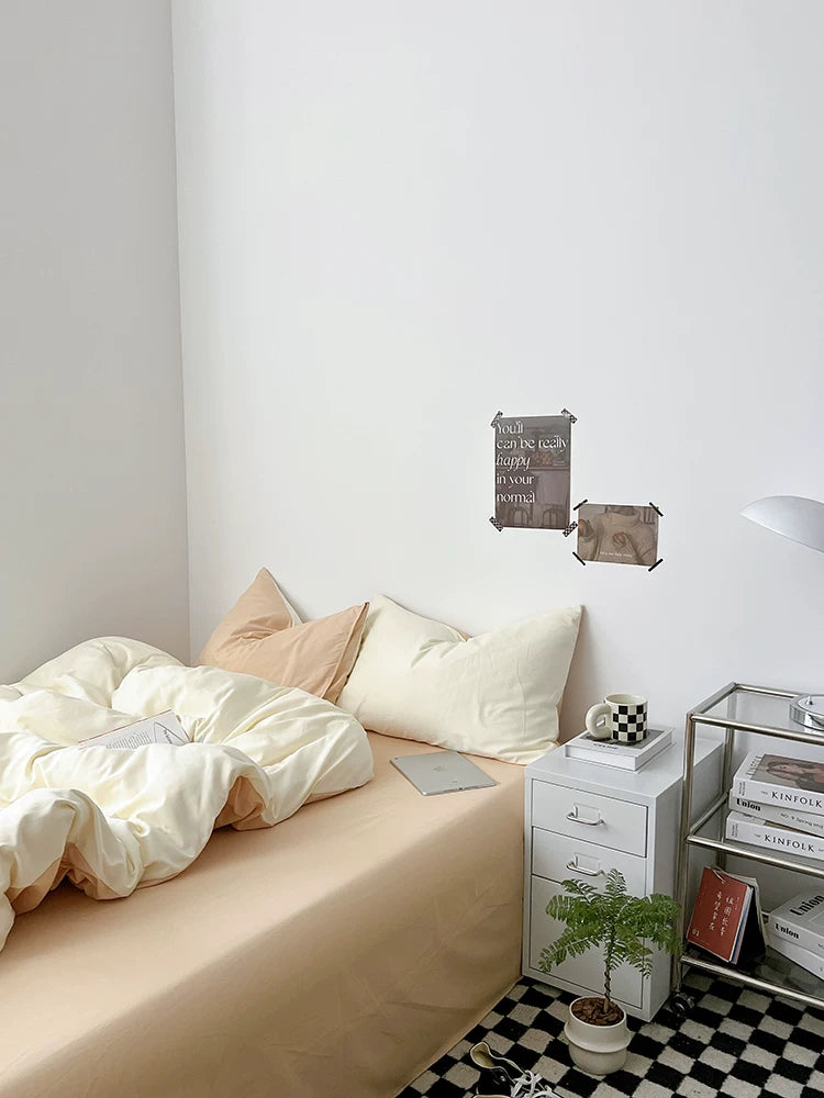 Washed Cotton Color-Block Bedding Set - Cream + Butter