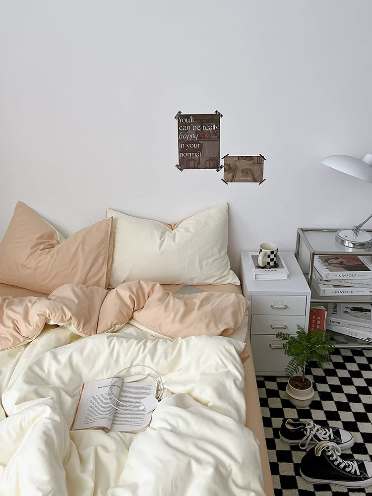 Washed Cotton Color-Block Bedding Set - Cream + Butter