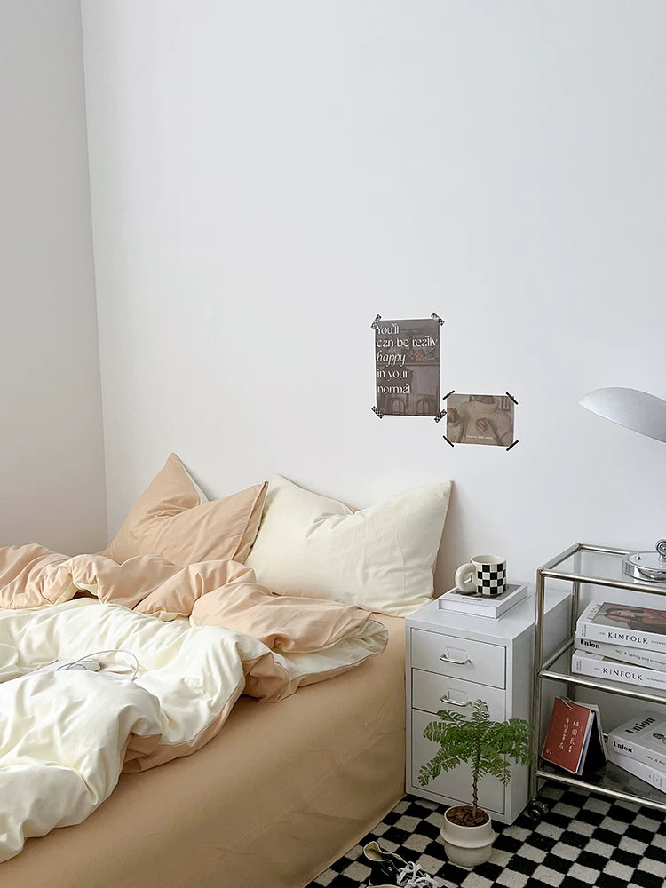 Washed Cotton Color-Block Bedding Set - Cream + Butter