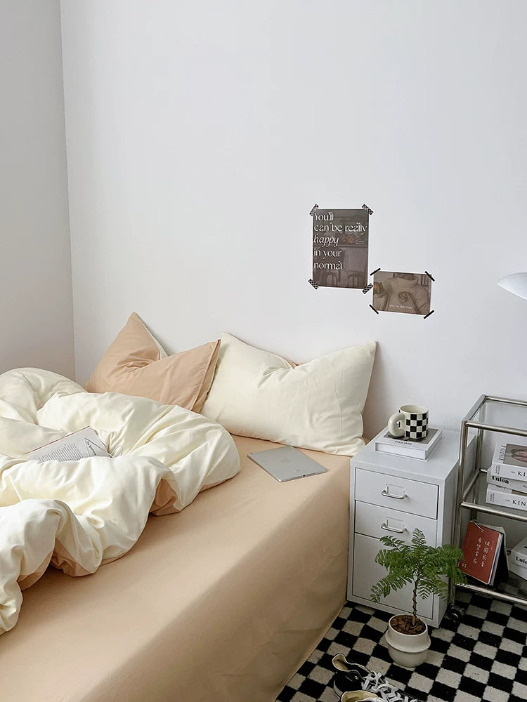 Washed Cotton Color-Block Bedding Set - Apricot + Mocha