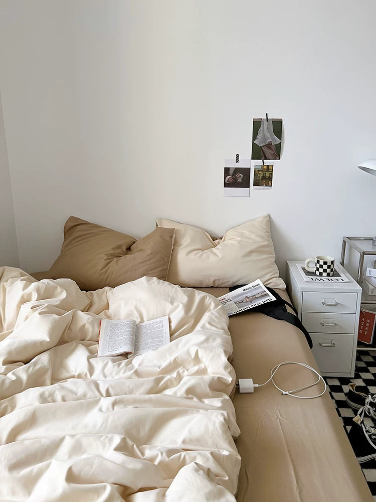 Washed Cotton Color-Block Bedding Set - Apricot + Mocha