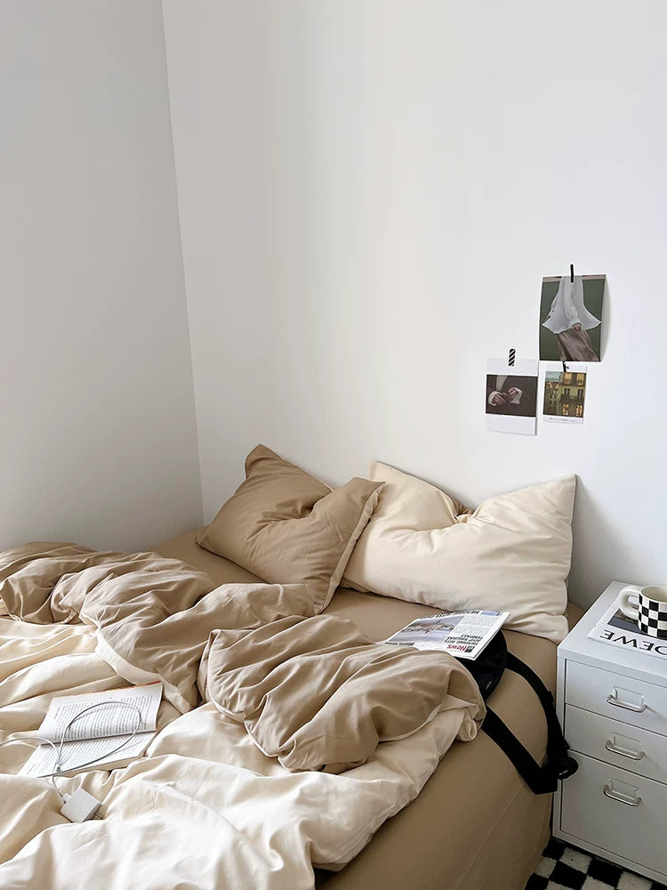 Washed Cotton Color-Block Bedding Set - Apricot + Mocha