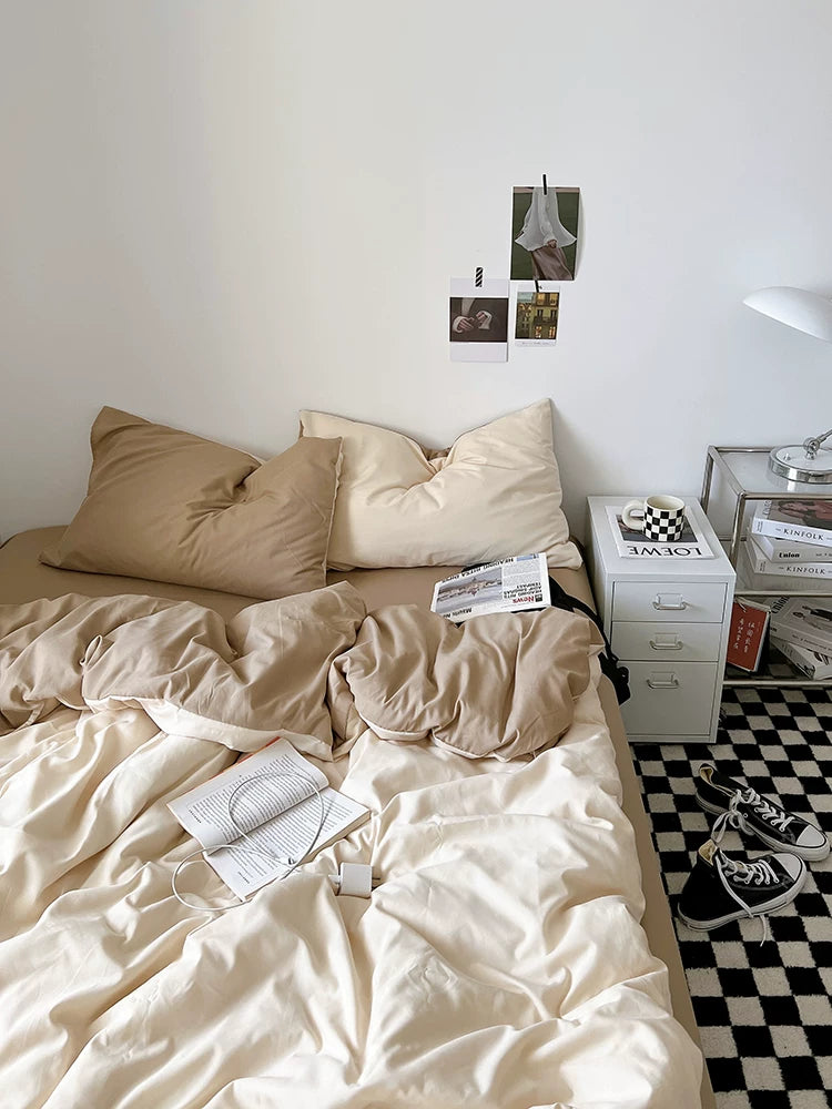 Washed Cotton Color-Block Bedding Set - Apricot + Mocha