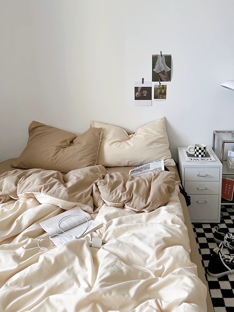 Washed Cotton Color-Block Bedding Set - Apricot + Mocha