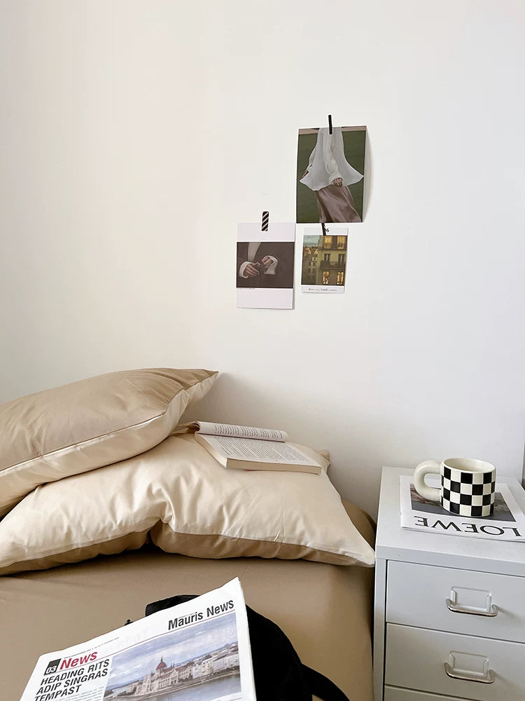 Washed Cotton Color-Block Bedding Set - Apricot + Mocha