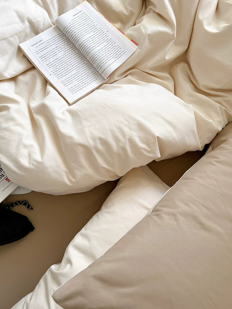 Washed Cotton Color-Block Bedding Set - Apricot + Mocha