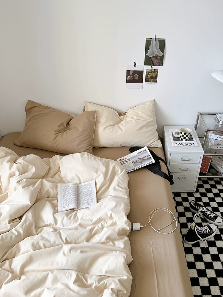 Washed Cotton Color-Block Bedding Set - Apricot + Mocha