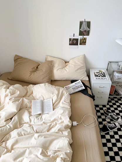 Washed Cotton Color-Block Bedding Set - Apricot + Mocha