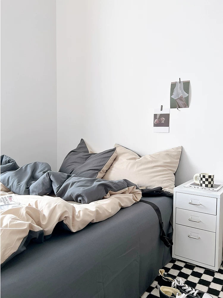 Washed Cotton Color-Block Bedding Set - Cream Apricot + Grey