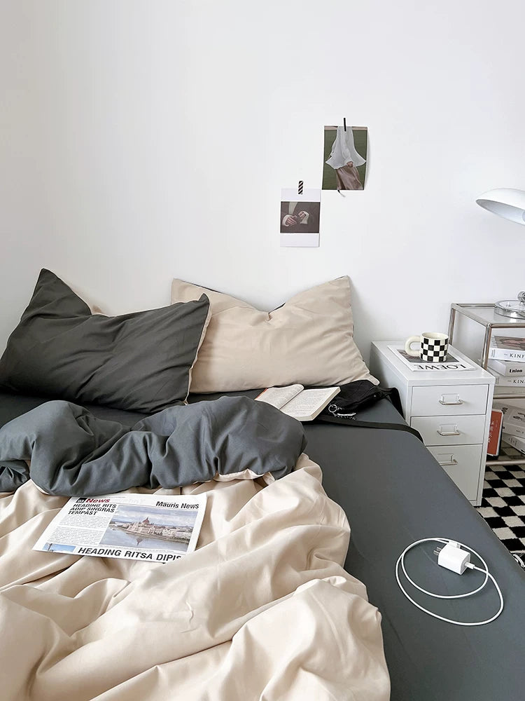 Washed Cotton Color-Block Bedding Set - Cream Apricot + Grey