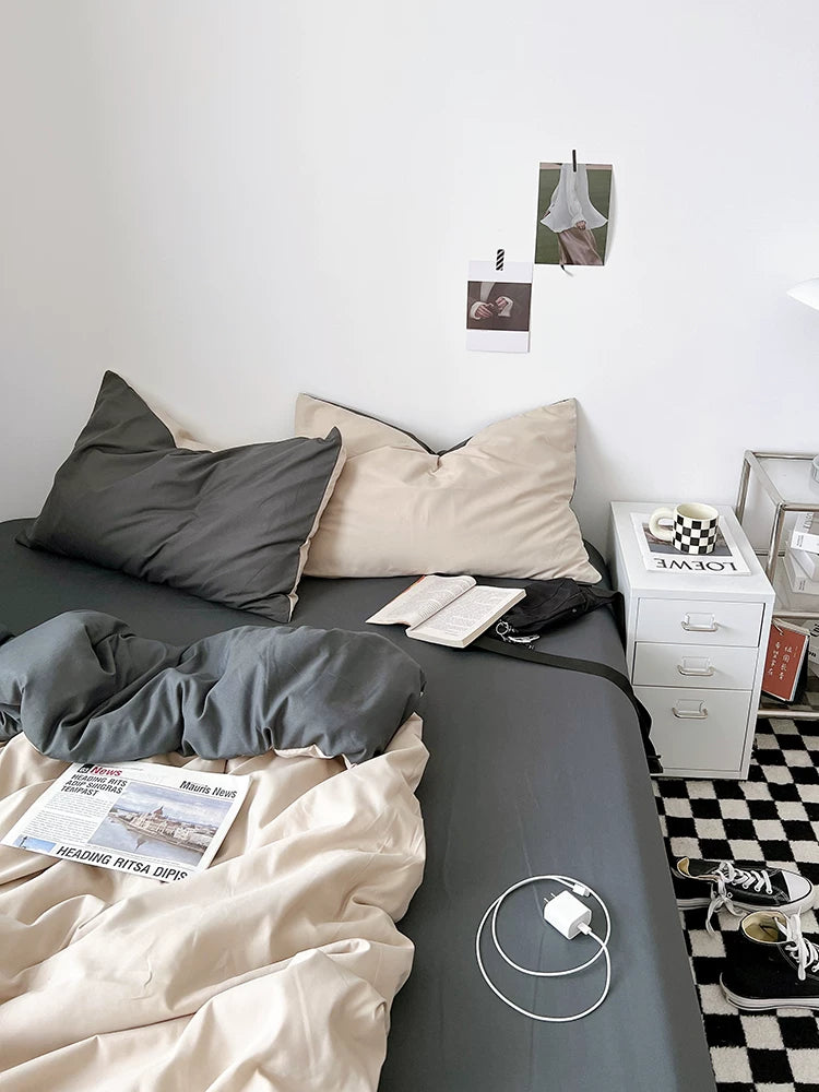 Washed Cotton Color-Block Bedding Set - Cream Apricot + Grey