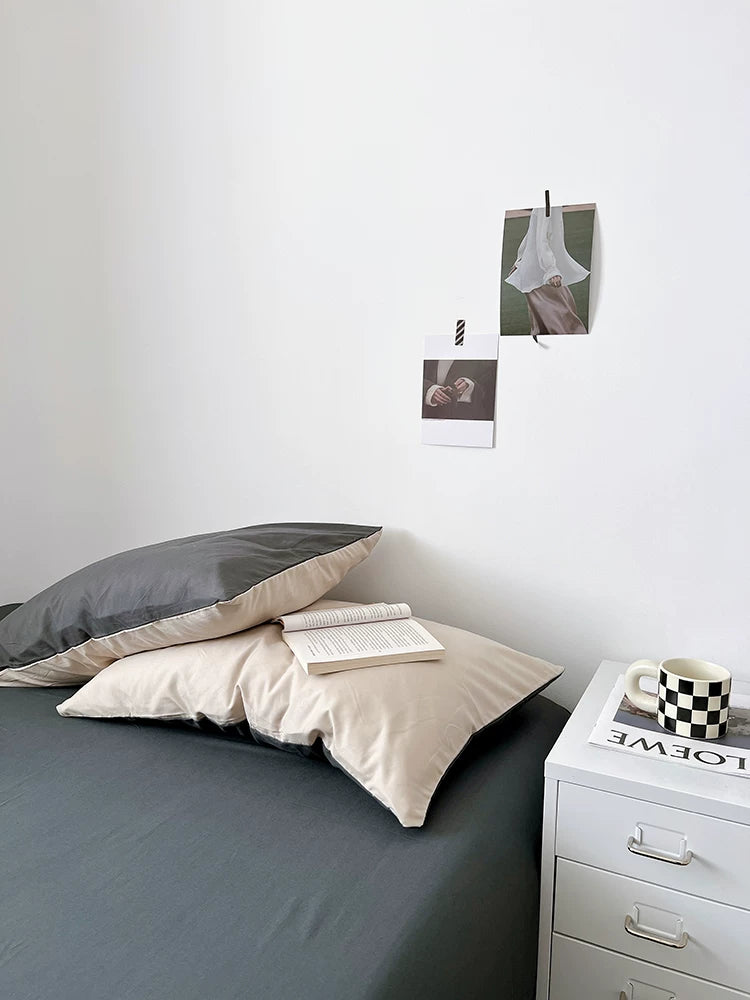 Washed Cotton Color-Block Bedding Set - Cream Apricot + Grey