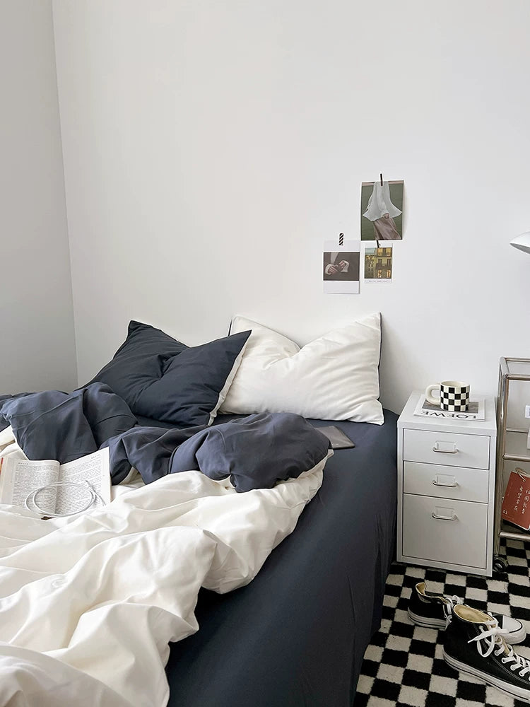 Washed Cotton Color-Block Bedding Set - White + Blue Grey
