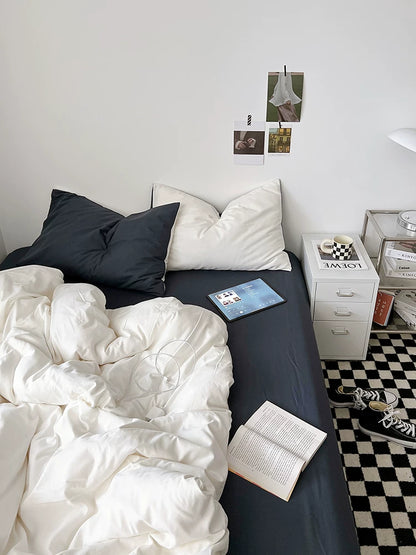 Washed Cotton Color-Block Bedding Set - White + Blue Grey
