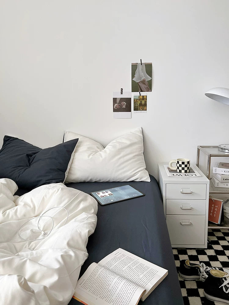 Washed Cotton Color-Block Bedding Set - White + Blue Grey