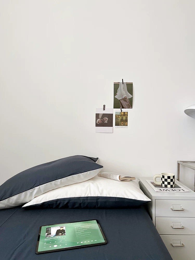 Washed Cotton Color-Block Bedding Set - White + Blue Grey