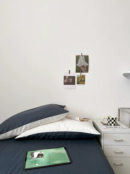 Washed Cotton Color-Block Bedding Set - White + Blue Grey
