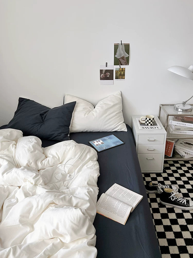 Washed Cotton Color-Block Bedding Set - White + Blue Grey
