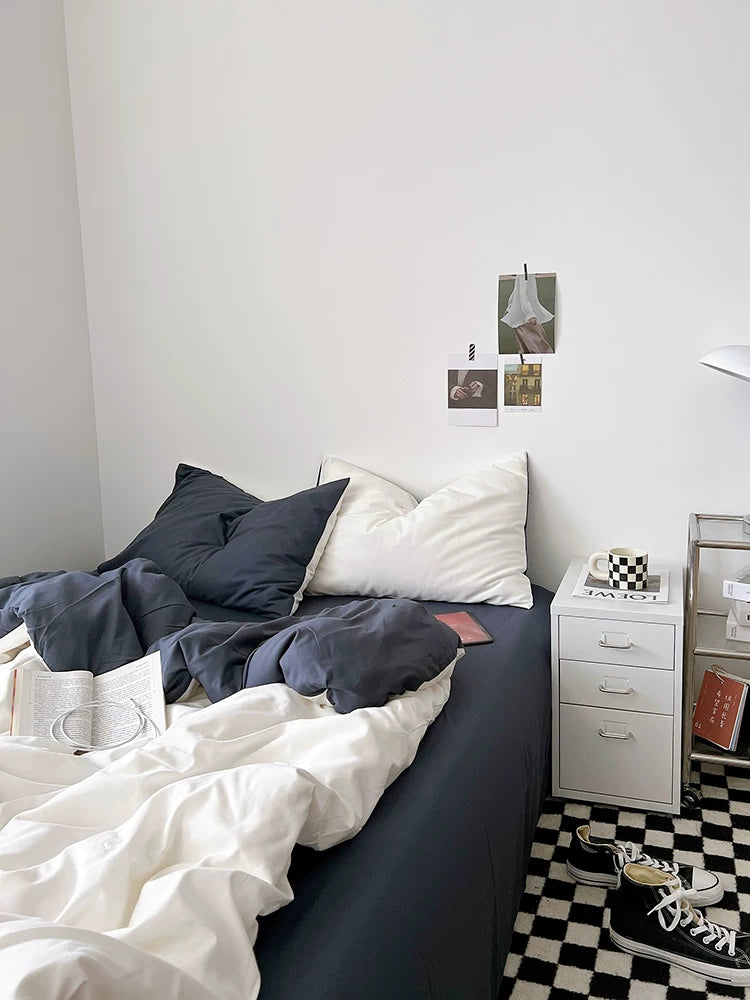 Washed Cotton Color-Block Bedding Set - White + Blue Grey