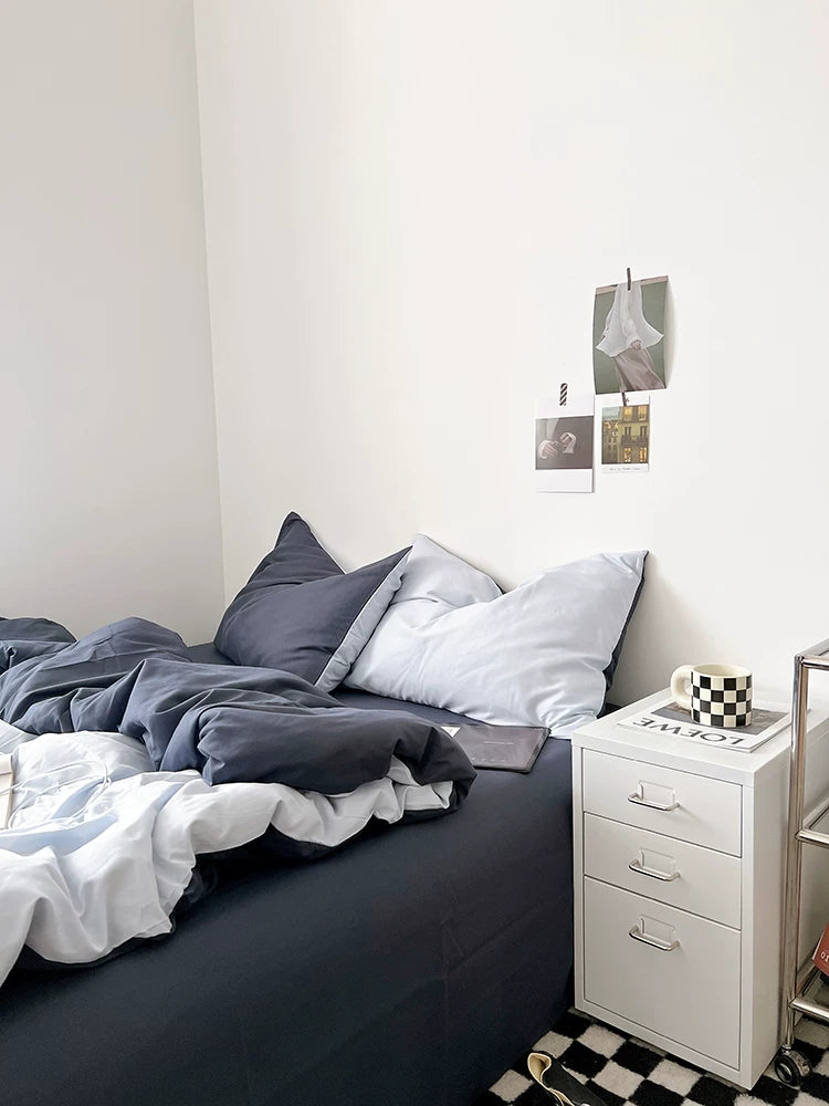Washed Cotton Color-Block Bedding Set - Ocean Blue + Grey