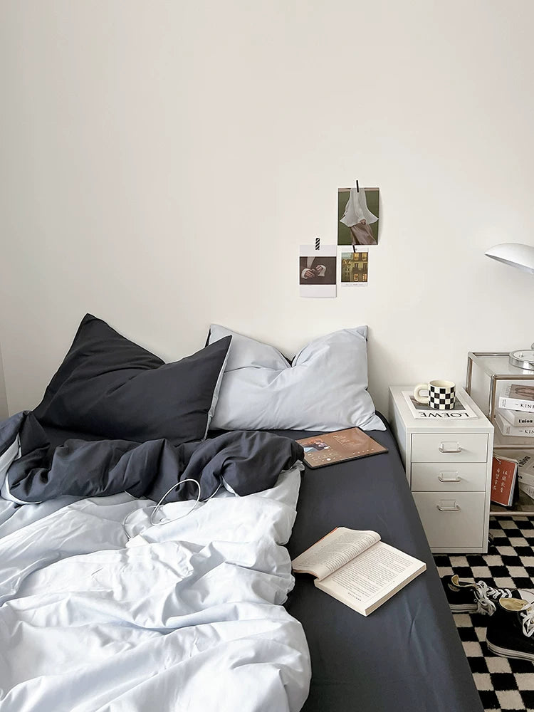 Washed Cotton Color-Block Bedding Set - Ocean Blue + Grey