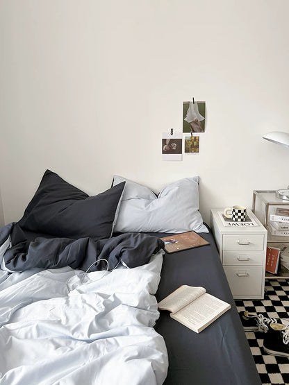 Washed Cotton Color-Block Bedding Set - Ocean Blue + Grey