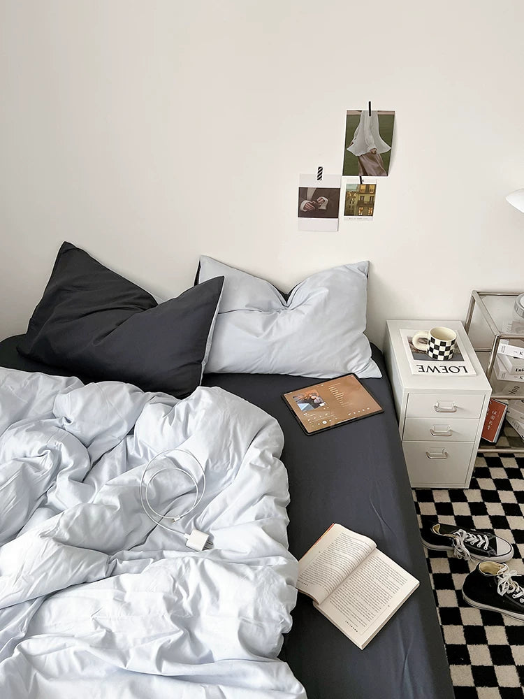 Washed Cotton Color-Block Bedding Set - Ocean Blue + Grey