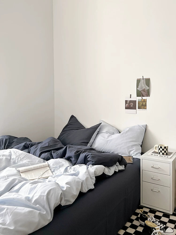 Washed Cotton Color-Block Bedding Set - Ocean Blue + Grey