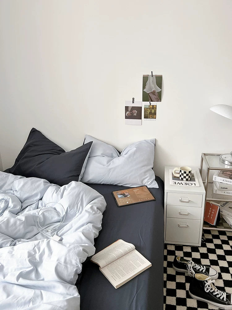Washed Cotton Color-Block Bedding Set - Ocean Blue + Grey