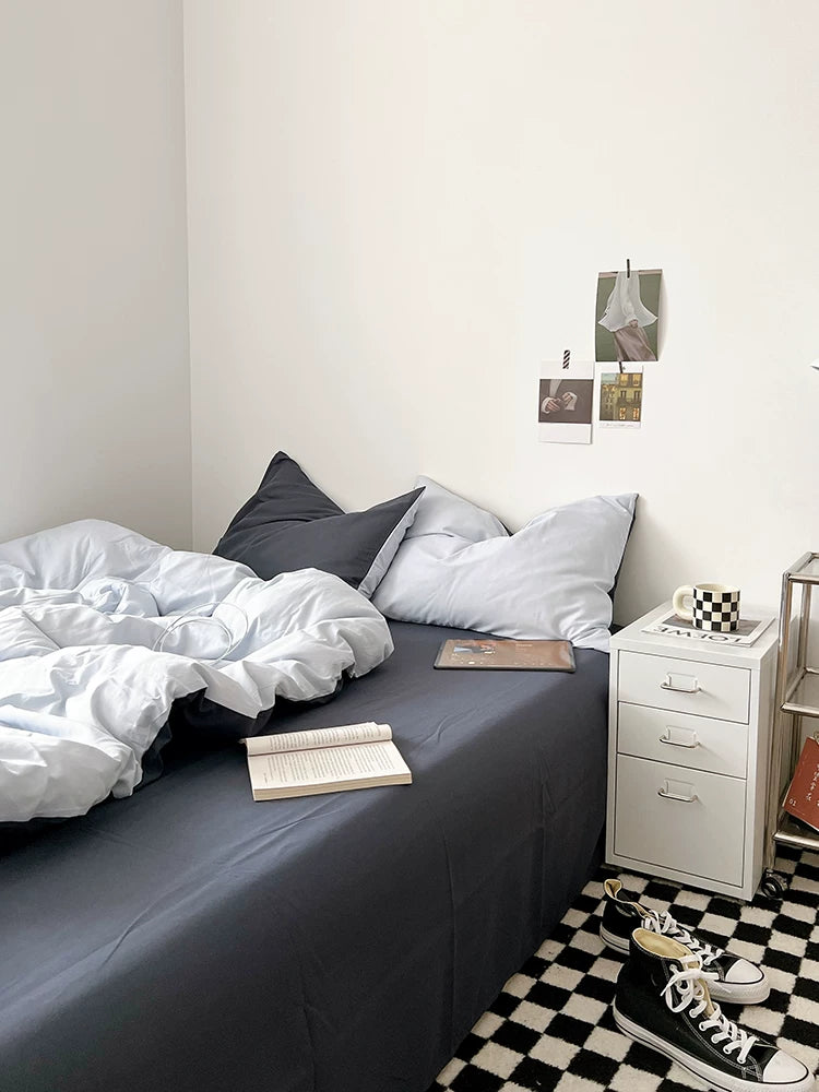 Washed Cotton Color-Block Bedding Set - Ocean Blue + Grey