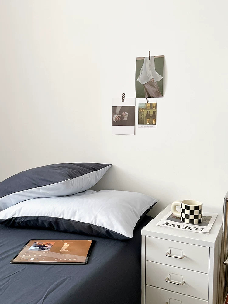 Washed Cotton Color-Block Bedding Set - Ocean Blue + Grey